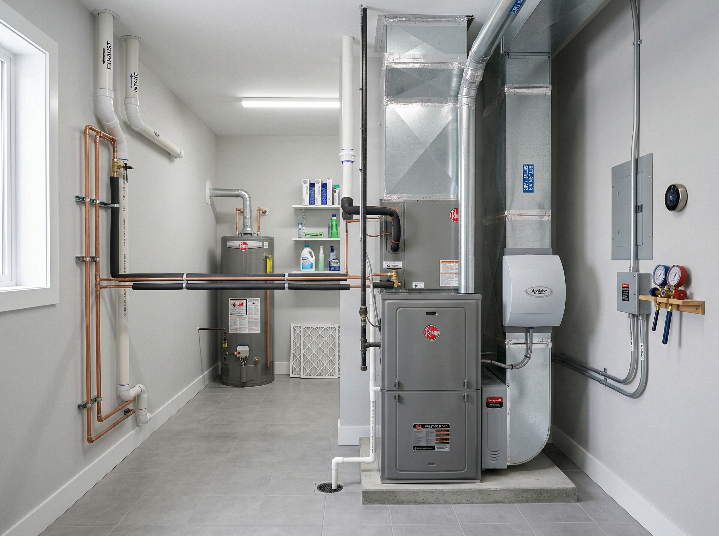 Professional furnace and HVAC installation in a clean residential utility room